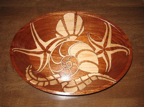 Seashells and Nautilus, decorative wooden bowl