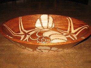 Seashells and Nautilus, decorative wooden bowl, side view