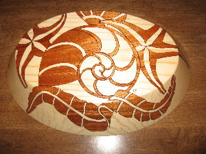 Nautilus and Seashells, decorative wooden bowls, bottom view of bowl