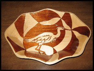 White Heron, inlaid wooden bowl