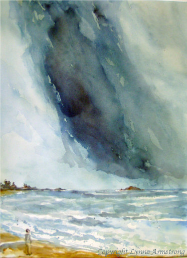Storm Watch, ocean landscape, watercolor painting